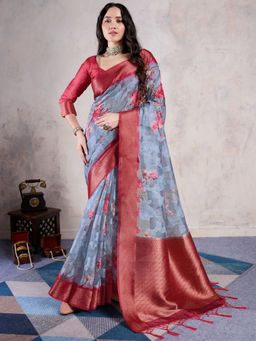 Sareemall - Grey Organza Woven Saree with Unstitched Blouse