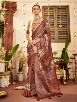 Sareemall - Brown Tussar Silk Woven Saree with Unstitched Blouse