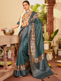 Sareemall - Teal Tussar Silk Woven Saree with Unstitched Blouse