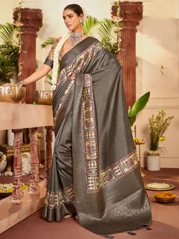 Sareemall - Grey Tussar Silk Woven Saree with Unstitched Blouse