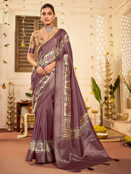 Sareemall - Mauve Tussar Silk Woven Saree with Unstitched Blouse