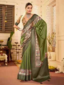 Sareemall - Green Tussar Silk Woven Saree with Unstitched Blouse