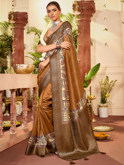 Sareemall - Brown Tussar Silk Woven Saree with Unstitched Blouse