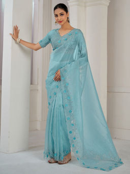 Sareemall - Blue Organza Embellished Saree with Unstitched Blouse