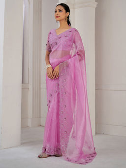 Sareemall - Pink Organza Embellished Saree with Unstitched Blouse