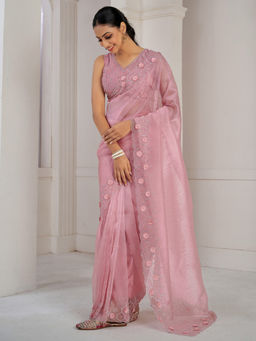 Sareemall - Pink Organza Embellished Saree with Unstitched Blouse