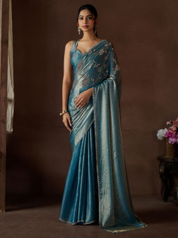 Sareemall - Teal Silk Embellished Saree with Unstitched Blouse