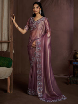 Sareemall - Burgundy Organza Embellished Saree with Unstitched Blouse