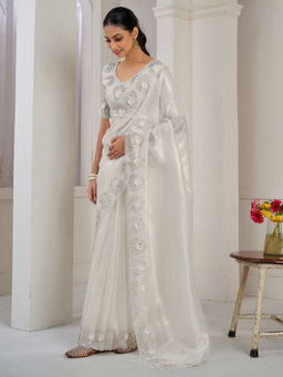 Sareemall - Off White Organza Embellished Saree with Unstitched Blouse