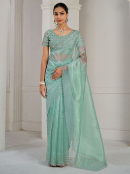 Sareemall - Turquoise Organza Embellished Saree with Unstitched Blouse
