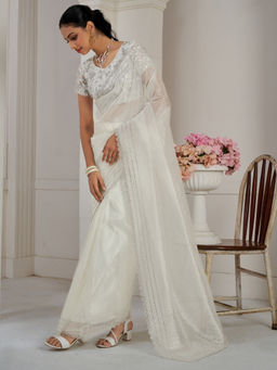 Sareemall - Off White Organza Embellished Saree with Unstitched Blouse