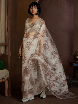 Sareemall - Cream Organza Embellished Saree with Unstitched Blouse