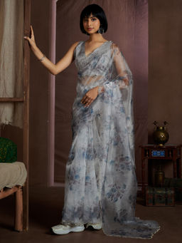 Sareemall - Grey Organza Embellished Saree with Unstitched Blouse