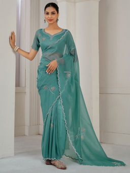 Sareemall - Turquoise Silk Embellished Saree with Unstitched Blouse