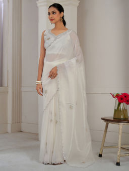 Sareemall - Off White Silk Embellished Saree with Unstitched Blouse