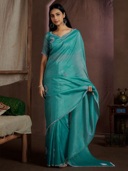 Sareemall - Teal Silk Embellished Saree with Unstitched Blouse