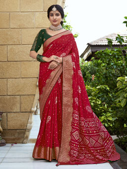 Sareemall - Maroon Silk Blend Woven Saree with Unstitched Blouse