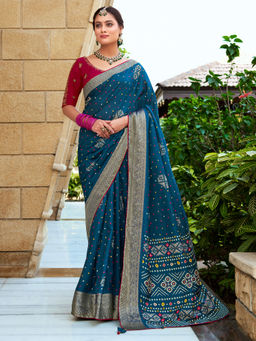 Sareemall - Teal Silk Blend Woven Saree with Unstitched Blouse