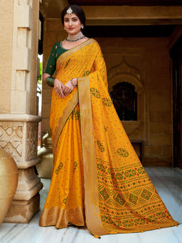Sareemall - Yellow Silk Blend Woven Saree with Unstitched Blouse