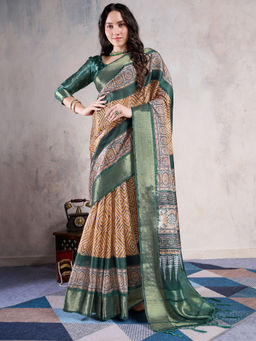 Sareemall - Beige Organza Woven Saree with Unstitched Blouse