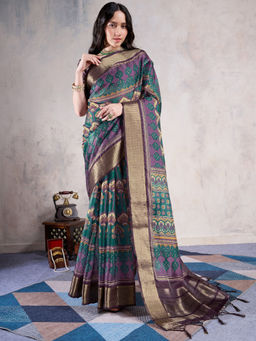Sareemall - Green Organza Woven Saree with Unstitched Blouse