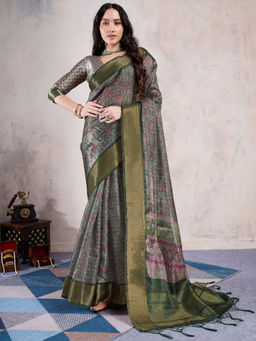 Sareemall - Green Organza Woven Saree with Unstitched Blouse