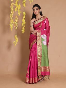 CHARUKRITI - Fuchsia Blended Cotton Handwoven Zari Woven Bird Designs Saree with Unstitched Blouse