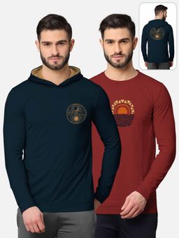 BULLMER - Printed Full Sleeve T-shirt For Men Navy Blue And Red (Pack of 2)