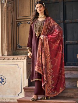 Stylee LIFESTYLE - Purple Velvet Embroidered Dress Material (Set of 3)