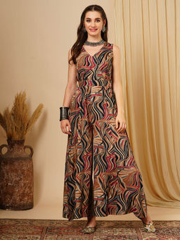 Globus - Women Black Abstract Print Wrap V-Neck Waist Tie Up Flared Hem Fusion Jumpsuit with Belt (Set of 2)