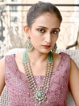 Odette - Sea Green Alloy Embellished Gold Plated Neckpiece with Earrings & Maangtikka for Women