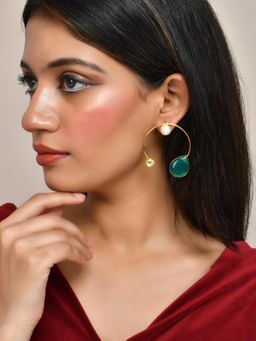 Silvermerc Designs - Gold Plated Western Circular Green Stone and Pearl Hoops Earrings