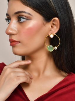 Silvermerc Designs - Gold Plated Green Stone and Pearl Circular Hoops Earrings