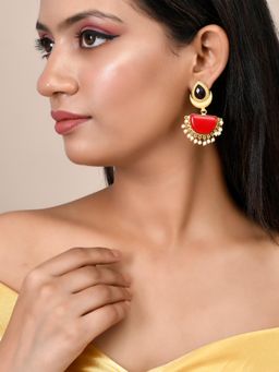 Silvermerc Designs - Gold Plated Red Stone and Pearl Traditional Chandbali Earrings