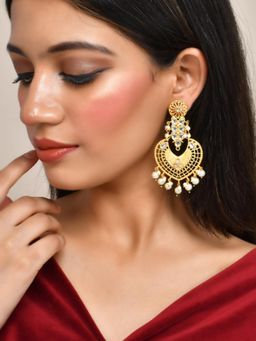 Silvermerc Designs - Gold Plated Kundan and Pearl Chandbali Heavy Earrings for Women