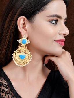 Silvermerc Designs - Gold Plated and Blue Stone Studded Handcrafted Drop Earrings for Women