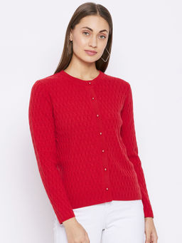 Madame - Self Design Round Neck Casual Women Red Sweater