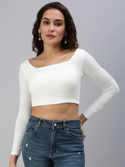SHOWOFFFF - Women's Solid Fitted Off White Square Neck Crop Top
