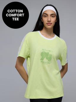 Kica - 100% Cotton Colorblock Graphic T-Shirt with Curved Hem For Workout to Weekend KIC035 Neon