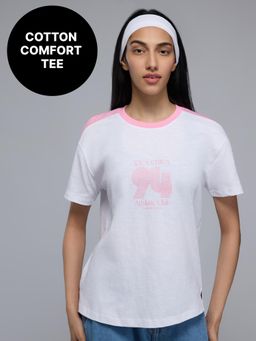 Kica - 100% Cotton Colorblock Graphic T-Shirt with Curved Hem For Workout to Weekend KIC035 White