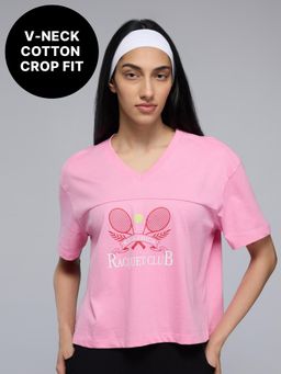 Kica - 100% Cotton V-Neck Oversized Cropped Graphic Tee for Pickleball & Everyday KIC036 Pink