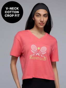 Kica - 100% Cotton V-Neck Oversized Cropped Graphic Tee for Pickleball & Everyday KIC036 Red