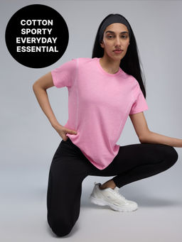 Kica - 100% Cotton Textured T-Shirt with Sporty Contrast Stitching for Workout to Weekend KIC040 Pink