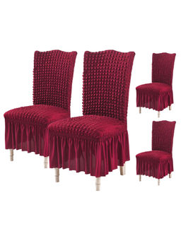 House of Quirk - Maroon Bubble Frill Protector Seat Removable Short Dining Chair Cover (Pack Of 4)