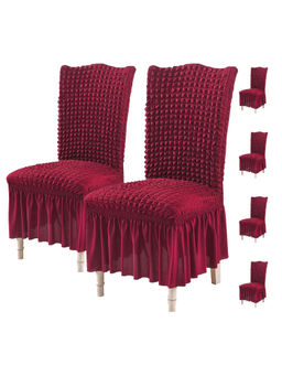 House of Quirk - Maroon Bubble Frill Protector Seat Removable Short Dining Chair Cover (Pack Of 6)