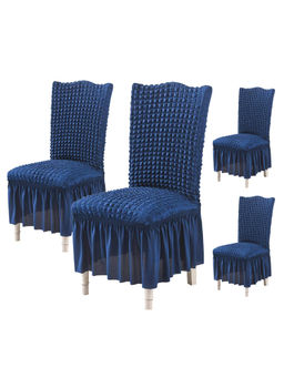 House of Quirk - Navy Blue Bubble Frill Protector Seat Removable Short Dining Chair Cover (Pack Of 4)