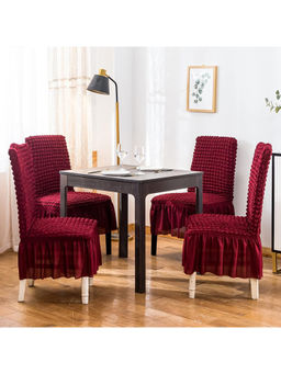House of Quirk - Maroon Bubble Frill Protector Seat Removable Short Dining Chair Cover (Pack Of 4)