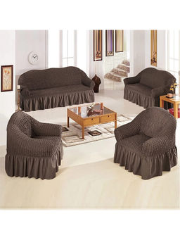 House of Quirk - Coffee Bubble Frill Four Seater Sofa Slipcovers Durable Universal High Elastic