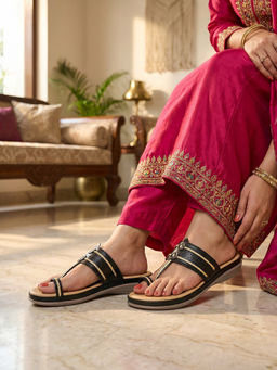 ROCIA - By Regal Black Women Kolhapuri Flat Comfort Sandals