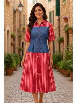 BOHO-CHIC By Sukriti Jain - Pink Color Block Stripe Midi Dress